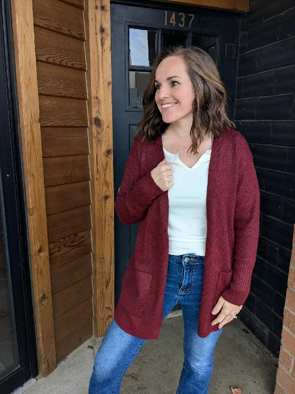 Mossy Long Open Front Cardigan - Burgundy Hooded Cardigan Collared Cardigan Shawl Collar Hooded Cardigan Collared Cardigan Shawl Collar