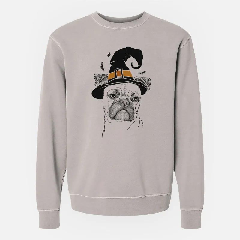 Witch Mack the Bugg (Boston Terrier/Pug) - Unisex Pigment Dyed Crew Sweatshirt Hoodie with Hem Detail Decorative Unique Hoodie with Hem Detail Decorative Unique