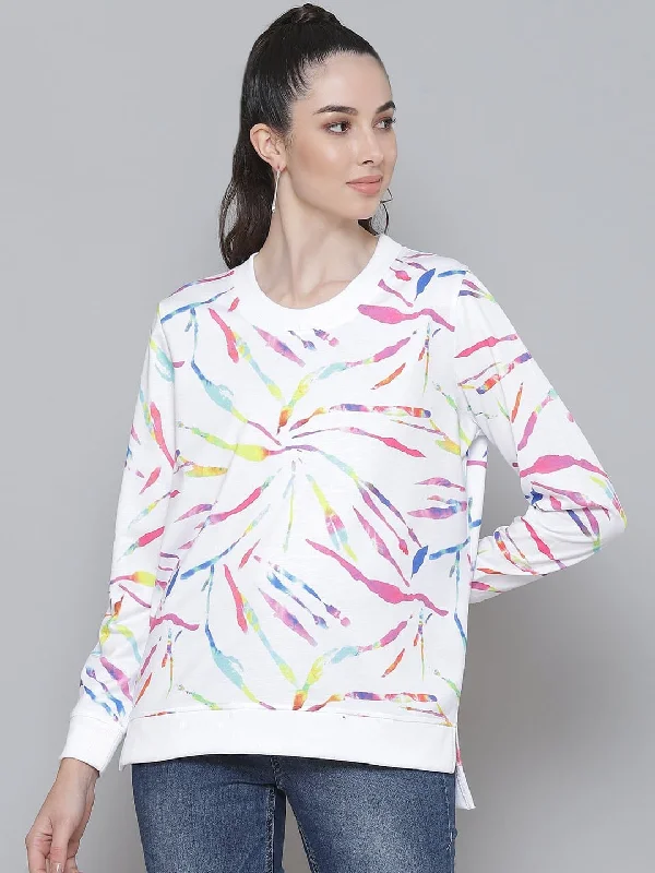 White Terry Multicolor Strokes Print Sweatshirt Hoodie with Front Slit Layering Stylish Hoodie with Front Slit Layering Stylish