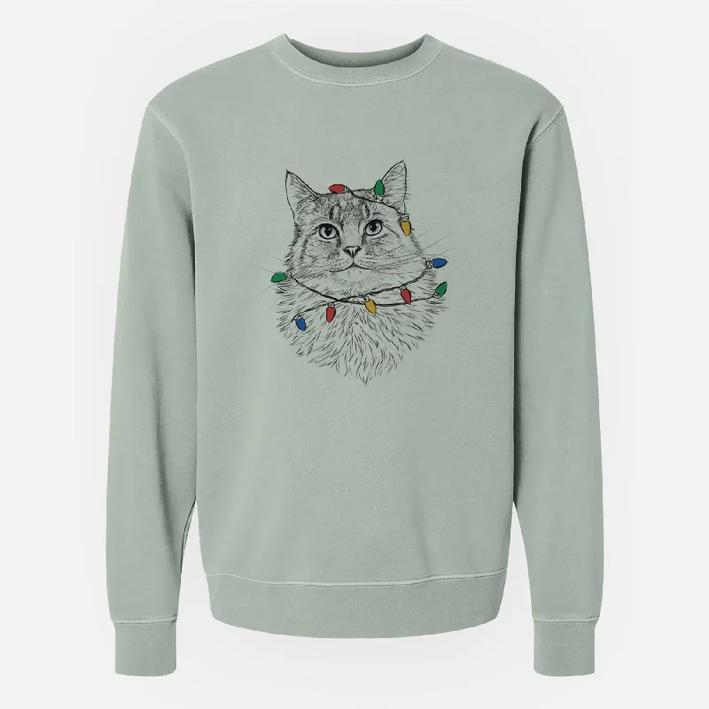 Christmas Lights Olive the Cat - Unisex Pigment Dyed Crew Sweatshirt Hoodie with Button Classic Timeless Hoodie with Button Classic Timeless