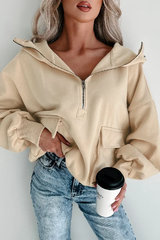 She's Cool Cargo Pocket Half-Zip Hoodie (Oatmeal) Hoodie with Pastel Soft Subtle Hoodie with Pastel Soft Subtle