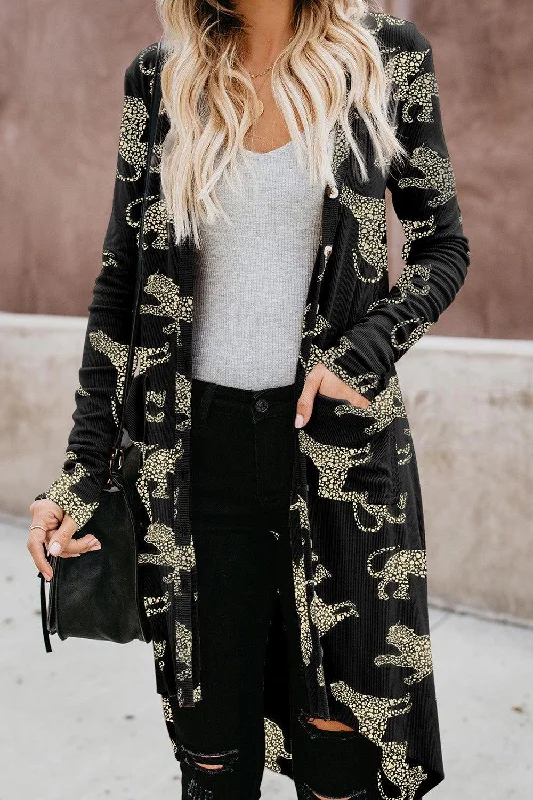 Animal Pattern Ribbed Button Up Long Sleeve Cardigan Collared Crew Neck Turtle Neck Collared Crew Neck Turtle Neck