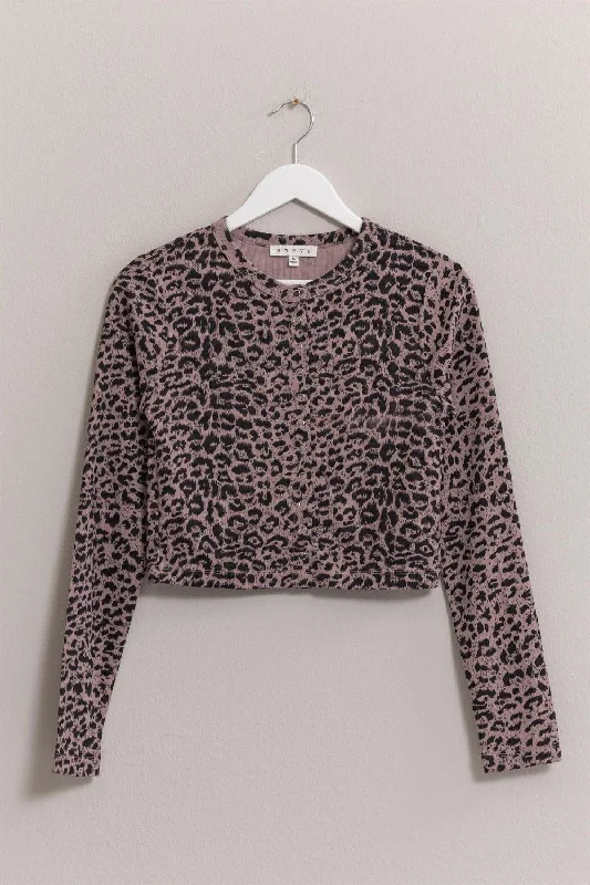 HYFVE Animal Print Snap Down Crop Cardigan Front Pockets Side Pockets Patch Pockets Front Pockets Side Pockets Patch Pockets