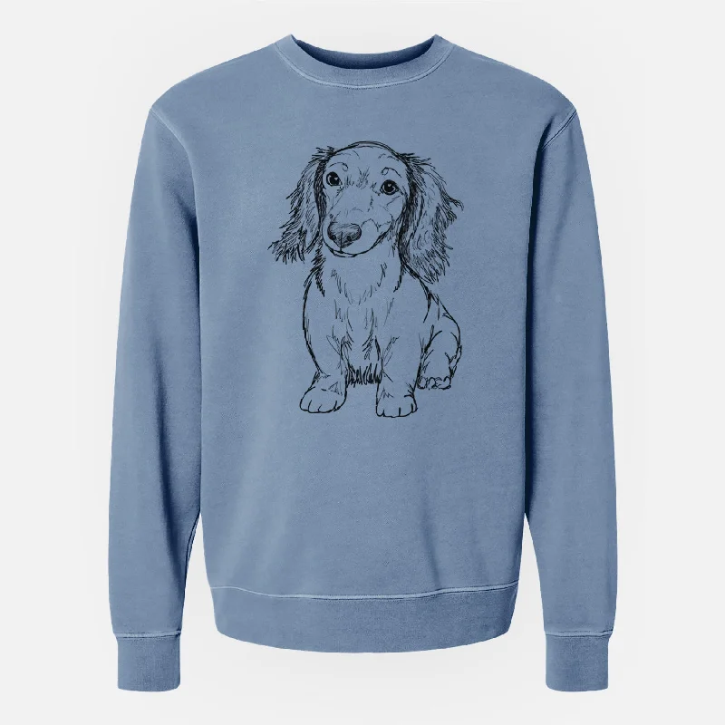 Doodled Sweetie the Toy Long Haired Dachshund - Unisex Pigment Dyed Crew Sweatshirt Hoodie with Side Slits Relaxed Casual Hoodie with Side Slits Relaxed Casual