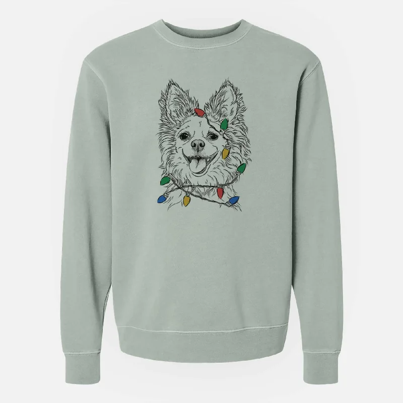 Christmas Lights Jasper the Pomchi - Unisex Pigment Dyed Crew Sweatshirt Hoodie with Illustration Artistic Creative Hoodie with Illustration Artistic Creative