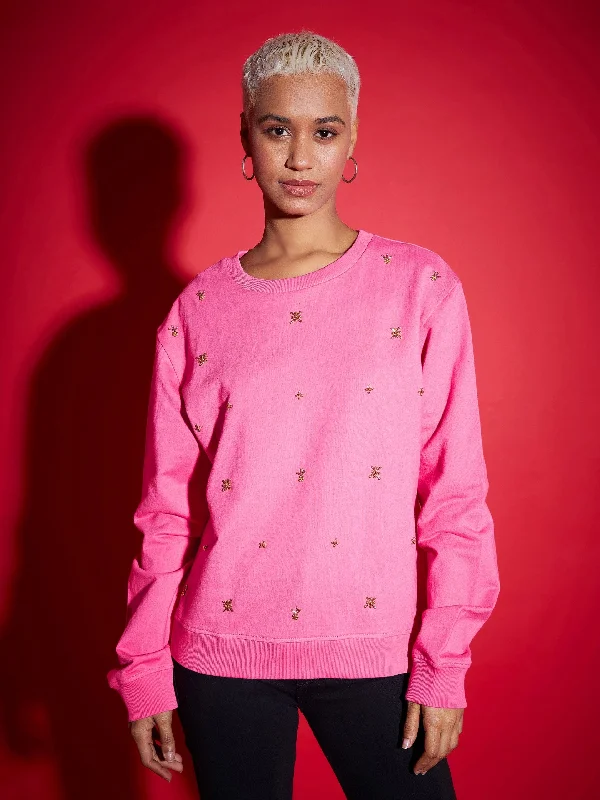 Women Pink Terry All Over Pearl Sweatshirt Hoodie with Crew Neck Simple Timeless Hoodie with Crew Neck Simple Timeless