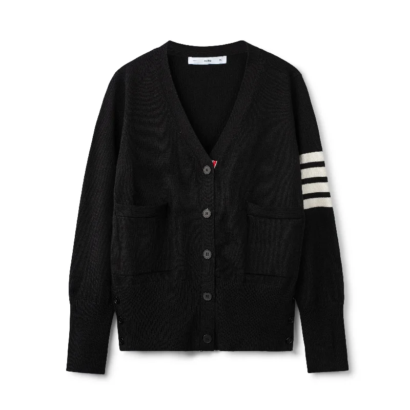 Varsity Striped Cardigan - Black/Ivory Hooded Caped Shawl Collar Hooded Caped Shawl Collar