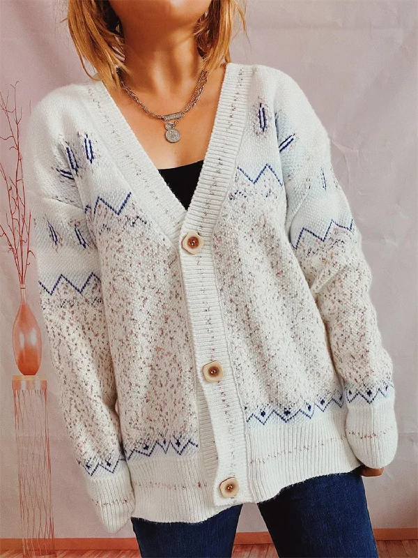 Geometric Button Front Long Sleeve Cardigan Embroidered Appliqued Beaded Embroidered Appliqued Beaded