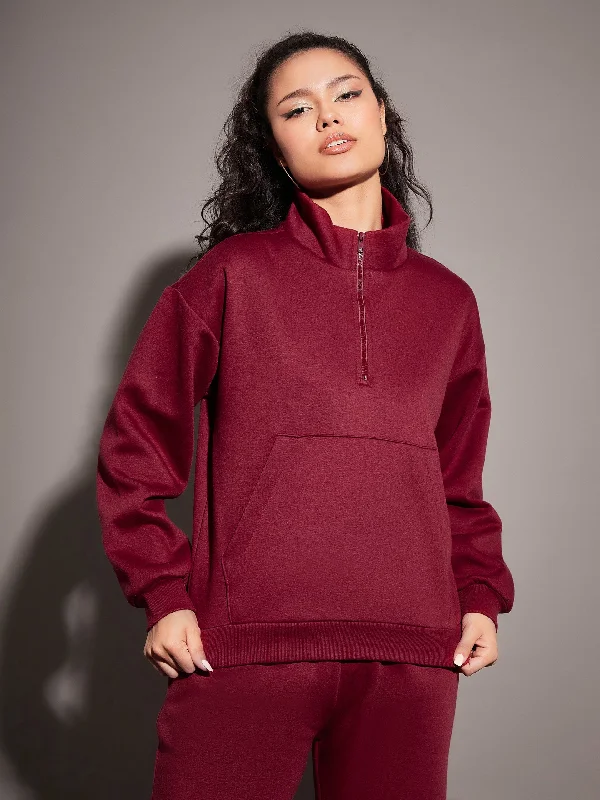 Women Maroon Fleece Front Zipper Sweatshirt Hoodie with Snap Buttons Easy Quick Hoodie with Snap Buttons Easy Quick