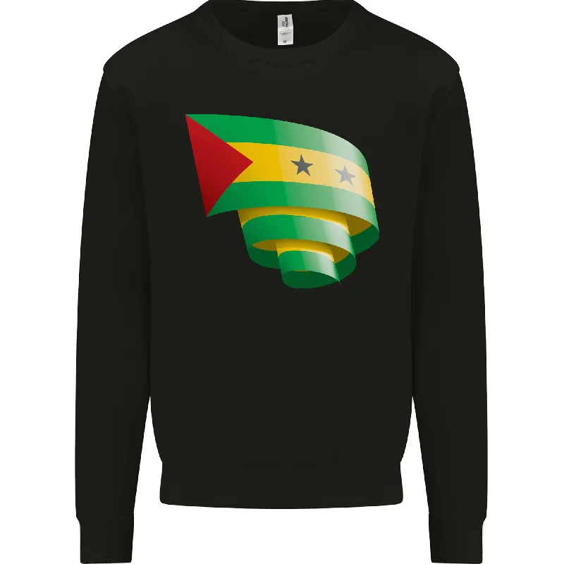 Curled Sao Tome and Principe Flag Day Football Mens Sweatshirt Jumper Hoodie with Hem Drawcord Adjustable Customizable Hoodie with Hem Drawcord Adjustable Customizable