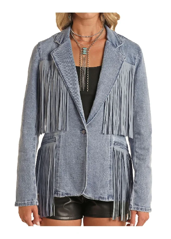 Women's Rock & Roll Denim Fringe Blazer Plus Size Women's Coat