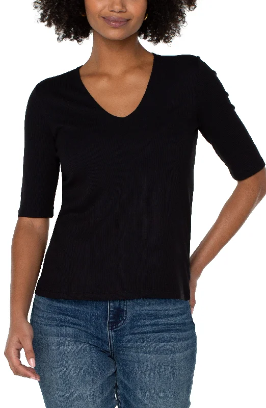 Liverpool Double Layer Neck 1/2 Sleeve Rib Knit Top (black) Linen Knit Blouse