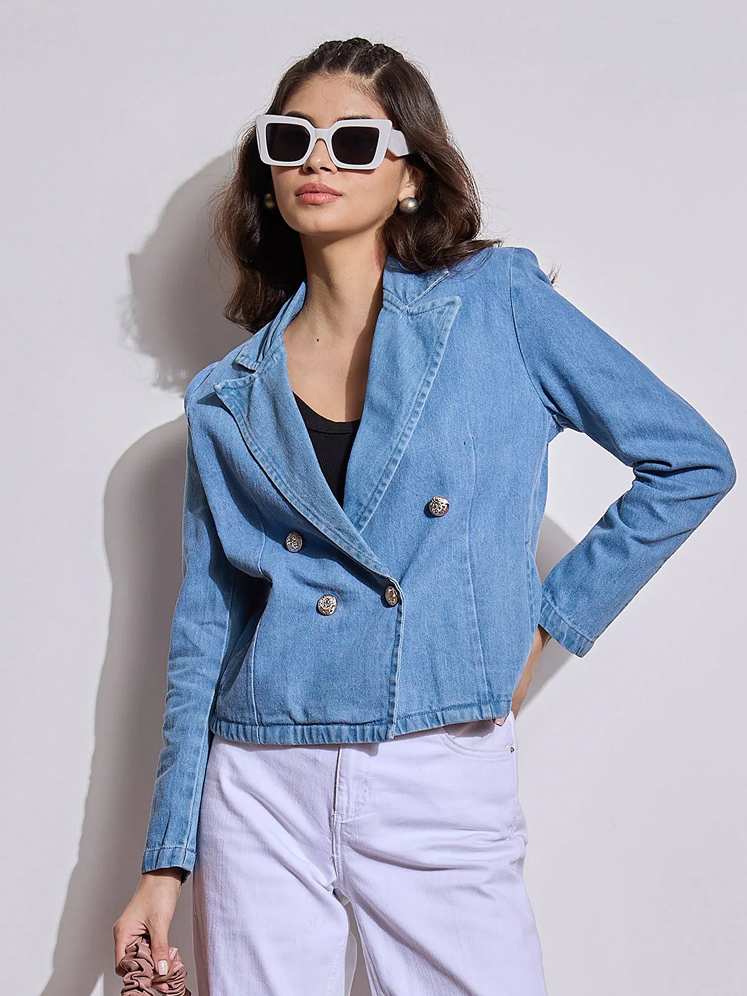 Women Blue Denim Front Button Notch Collar Crop Blazer-SFJCKT6956 Women's Luxurious Suit