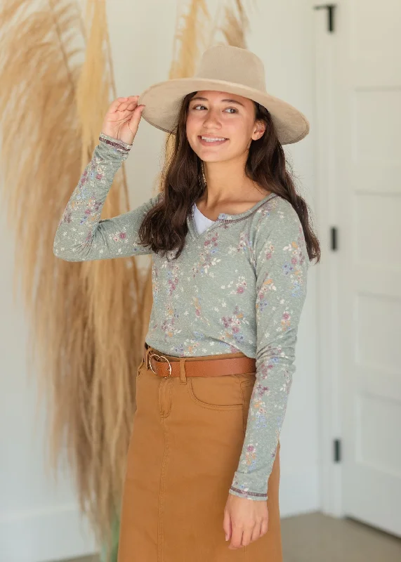 Split Neck Floral Print Knit Top - FINAL SALE Trendy Knit Top