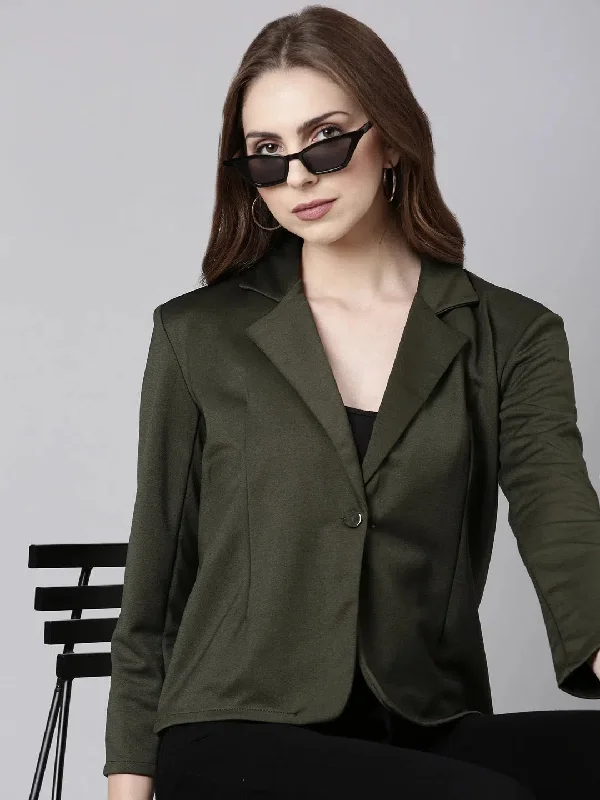 Women Olive Solid Single Breasted Blazer-AE-10850-Olive Women's Banquet Suit