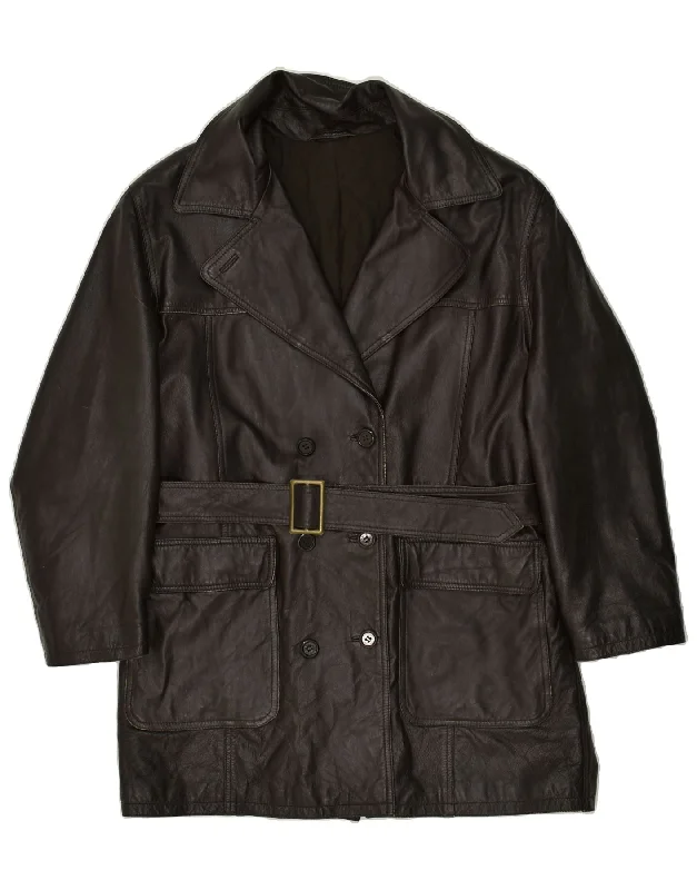 VINTAGE Womens Double Breasted Leather Coat UK 14 Medium Brown Leather Cuffed Rolled Raglan VINTAGE Womens Double Breasted Leather Coat UK 14 Medium Brown Leather Cuffed Rolled Raglan