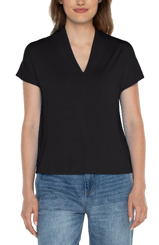 Liverpool Shawl Collar Short Sleeve Dolman Knit Top (Black) Branded Knit Top