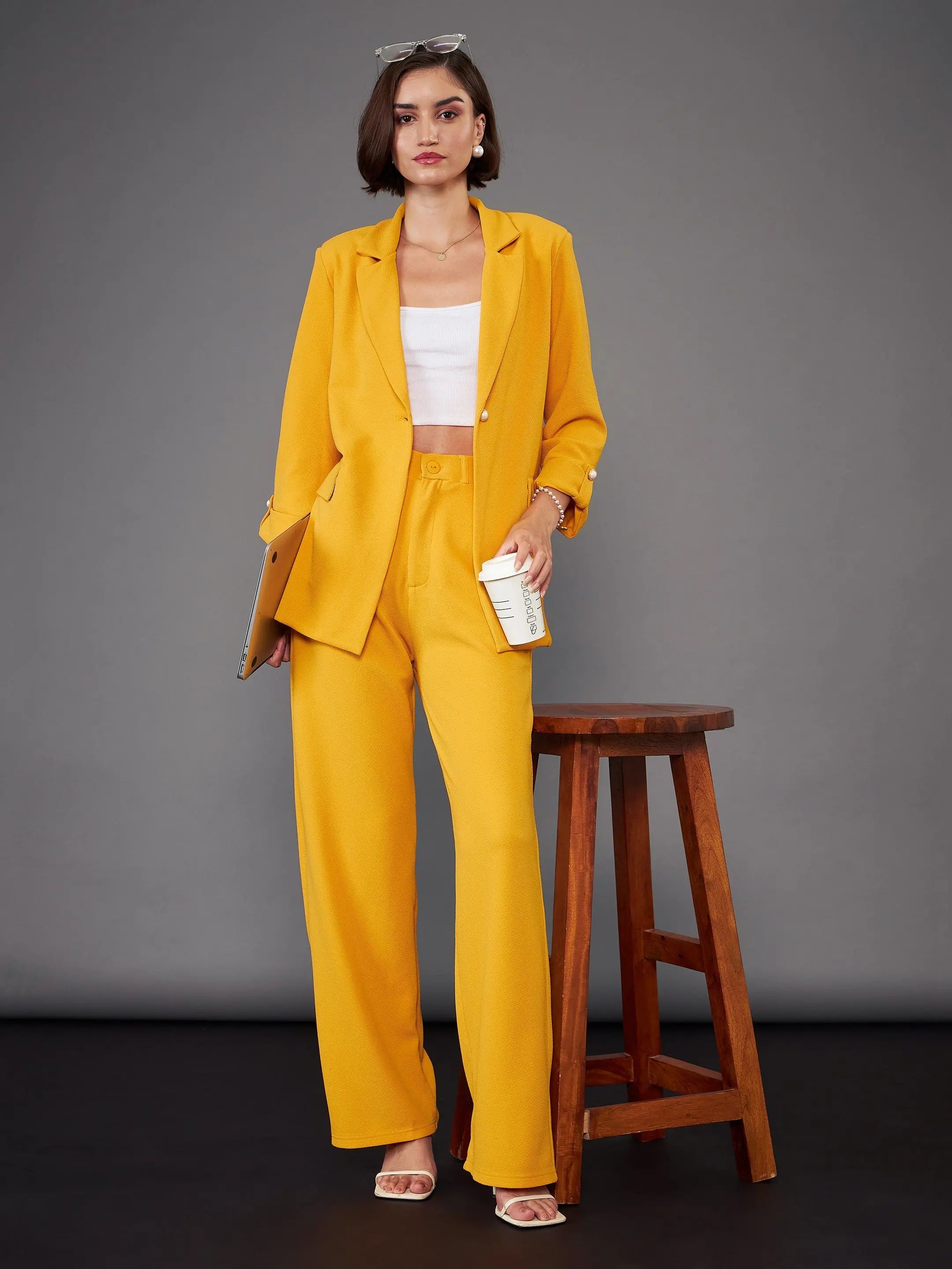 Women Mustard Front Button Blazer With Straight Pants Women's Luxury Jacket