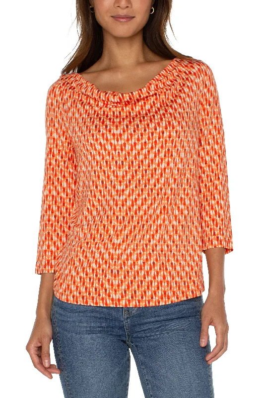 Liverpool 3/4 Sleeve Cowl Neck Knit Top (coral blaze ikat) Summer Knit Top