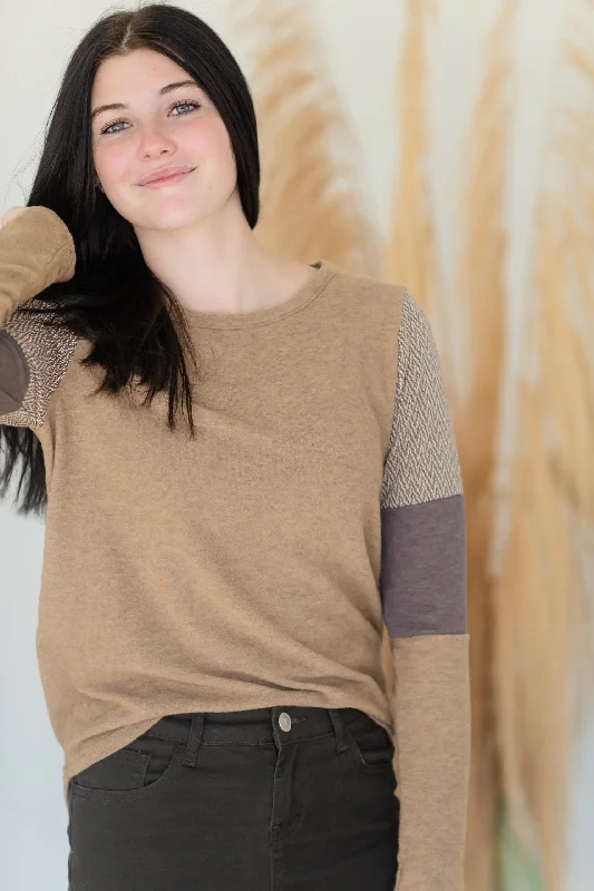 Brown Color Block Long Sleeve Knit Top Silk Knit Top