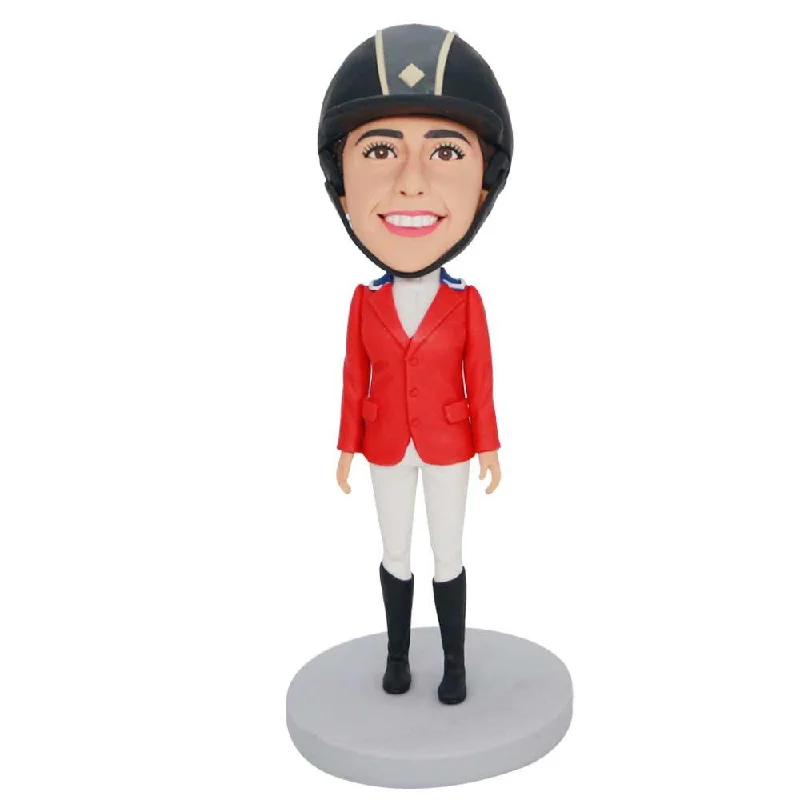 Custom Female Rider Bobbleheads In Red Coat Cuffed Rolled Raglan