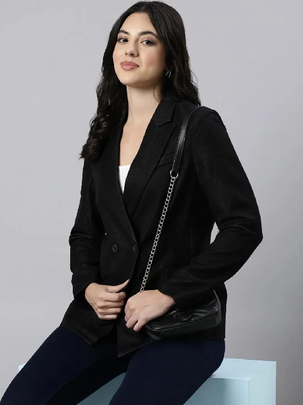 Women Black Double-Breasted Blazer-29-Black Women's Luxury Jacket