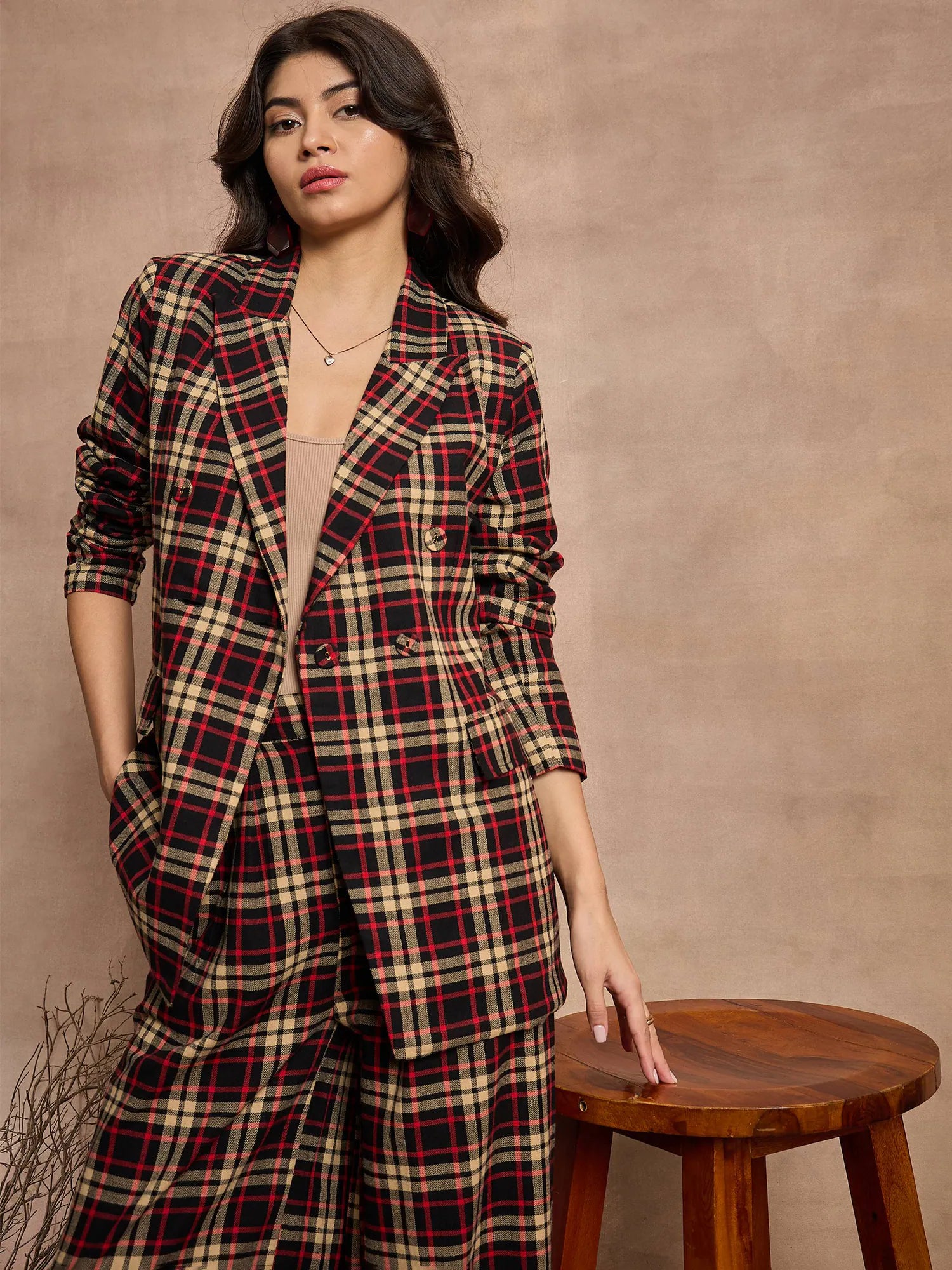 Women Black & Beige Check Double Brested Blazer-SFJCKT6960 Women's Classic Blazer