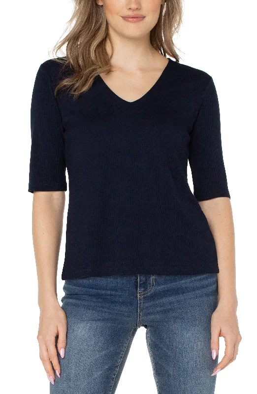 Liverpool's Double Layer V Neck 1/2 Sleeve Rib Knit Top (dark navy) One Shoulder Knit Shirt