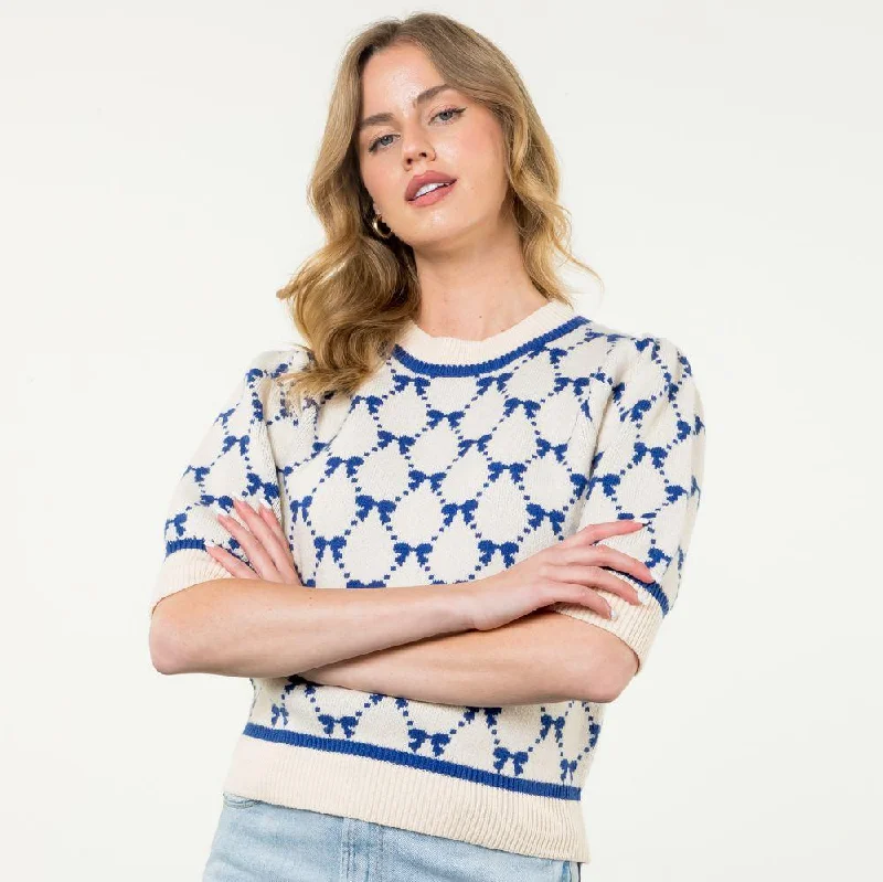 Short Sleeve Ribbon Knit Top -Cream/Blue Winter Knit Top