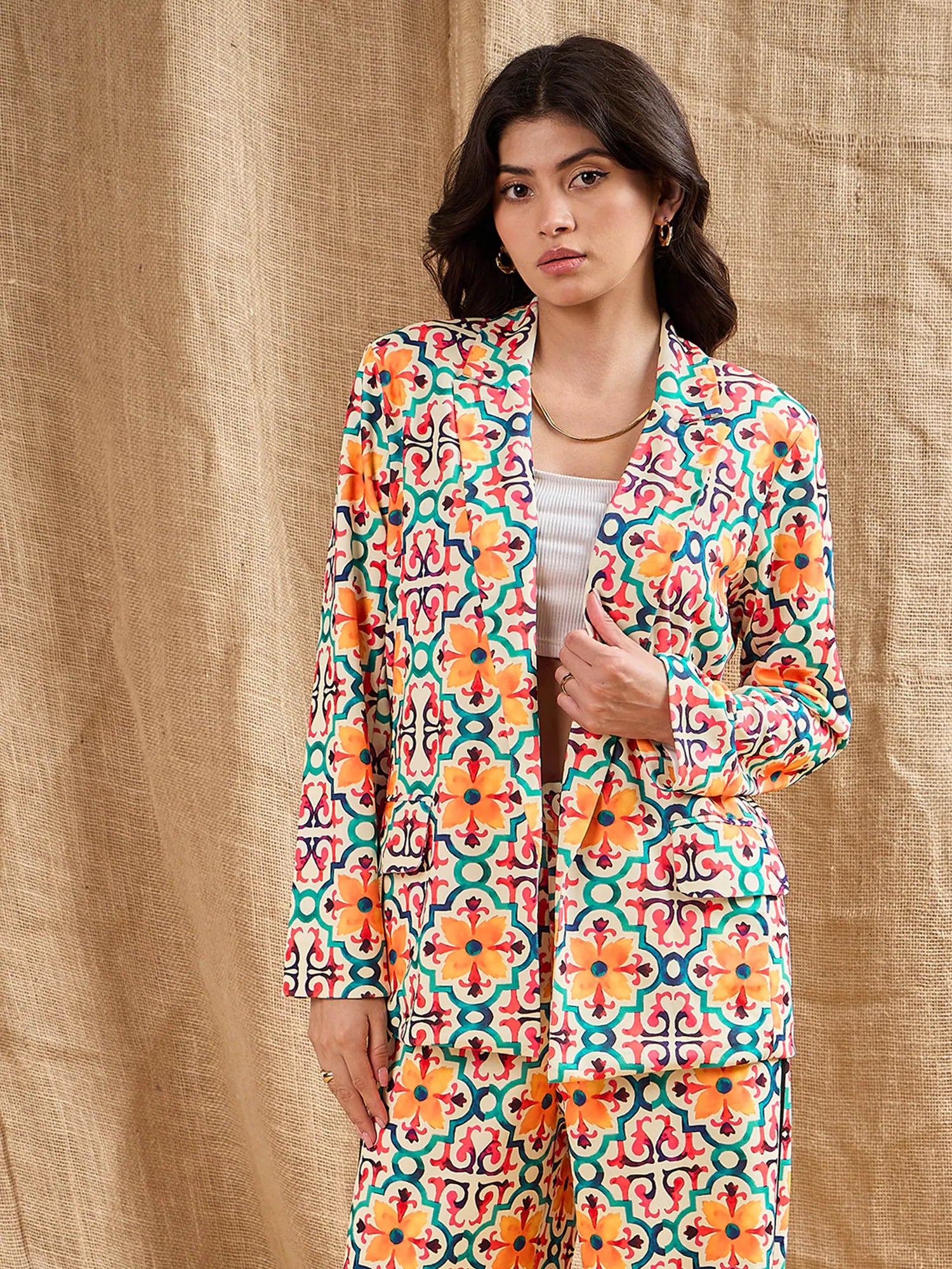 Women Yellow Geometrical Printed Shawl Collar Blazer-SFJCKT6918 Women's Boutique Suit