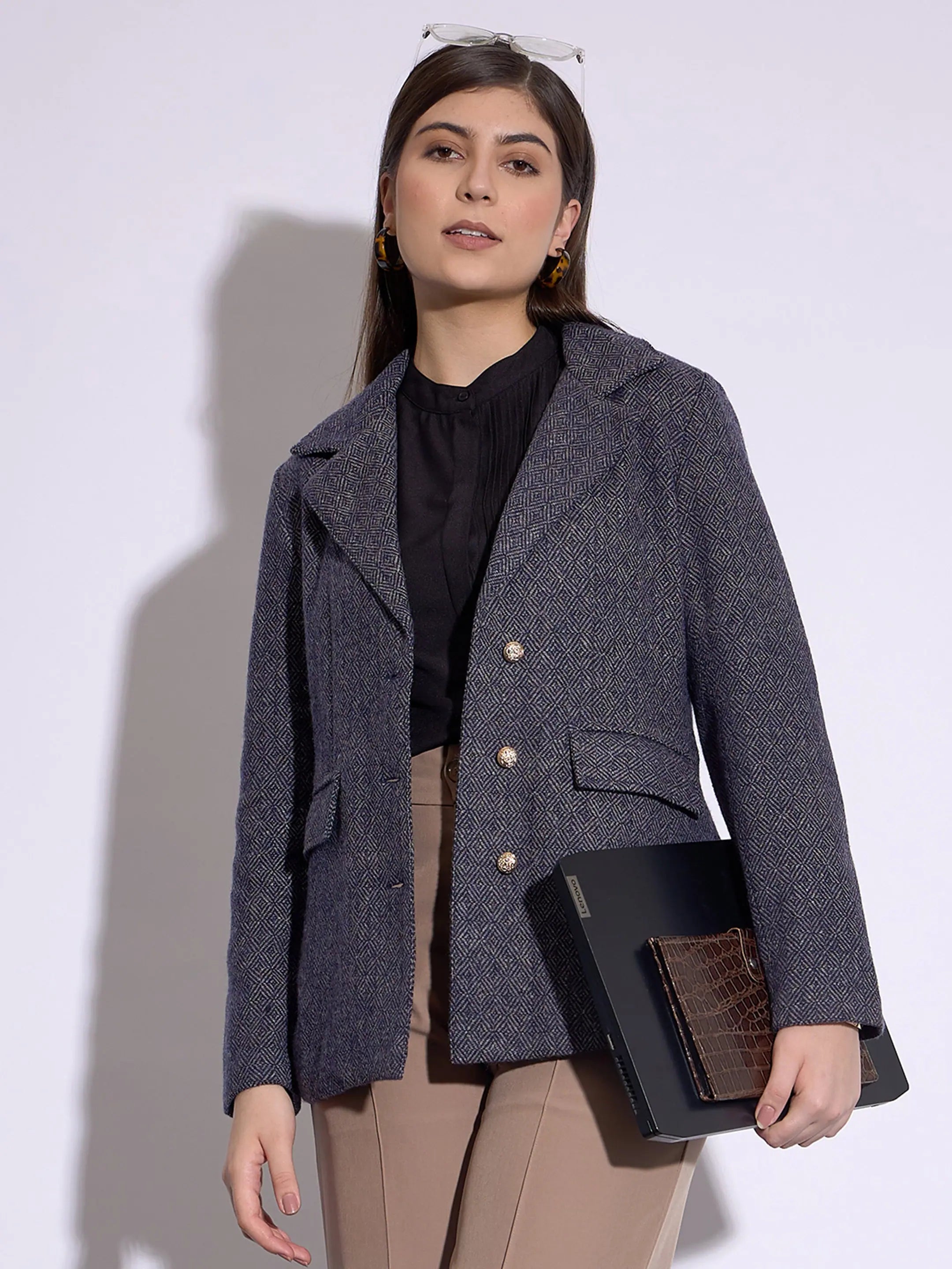 Women Navy Tweed Notch Collar Single-Breasted Blazer Women's Unique Blazer