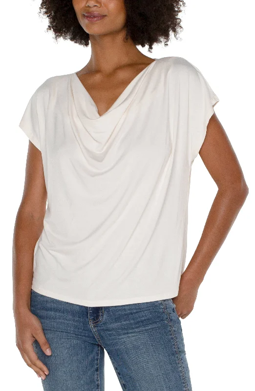 Liverpool Short Sleeve Draped Cowl Neck Knit Top (French Cream) Travel Knit Top