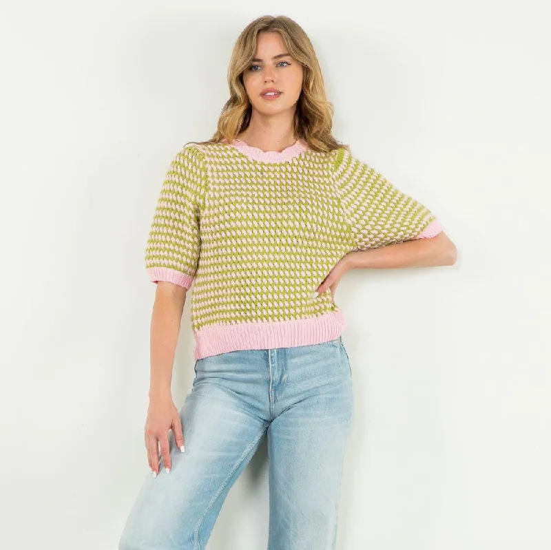 Short Sleeve Knit Top -Green/Pink Summer Knit Top