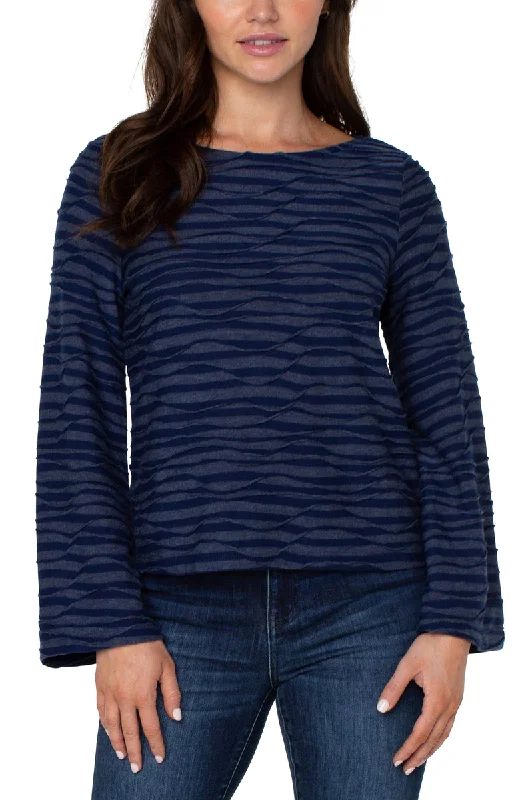 Liverpool's Long Flared Sleeve Boat Neck Knit Top (Navy Spacedye Stripe) Off Shoulder Knit Top