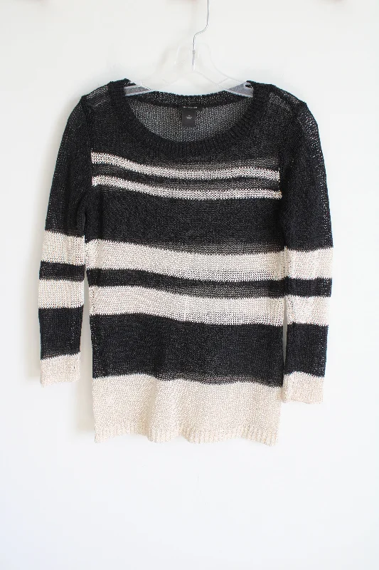 Ann Taylor Black Beige Striped Knit Top | M Round Neck Knit Blouse