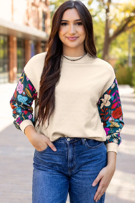 Blue Zone Planet |  White Contrast Floral Sleeve Textured Drop Shoulder Knit Top Lavender Knit Shirt