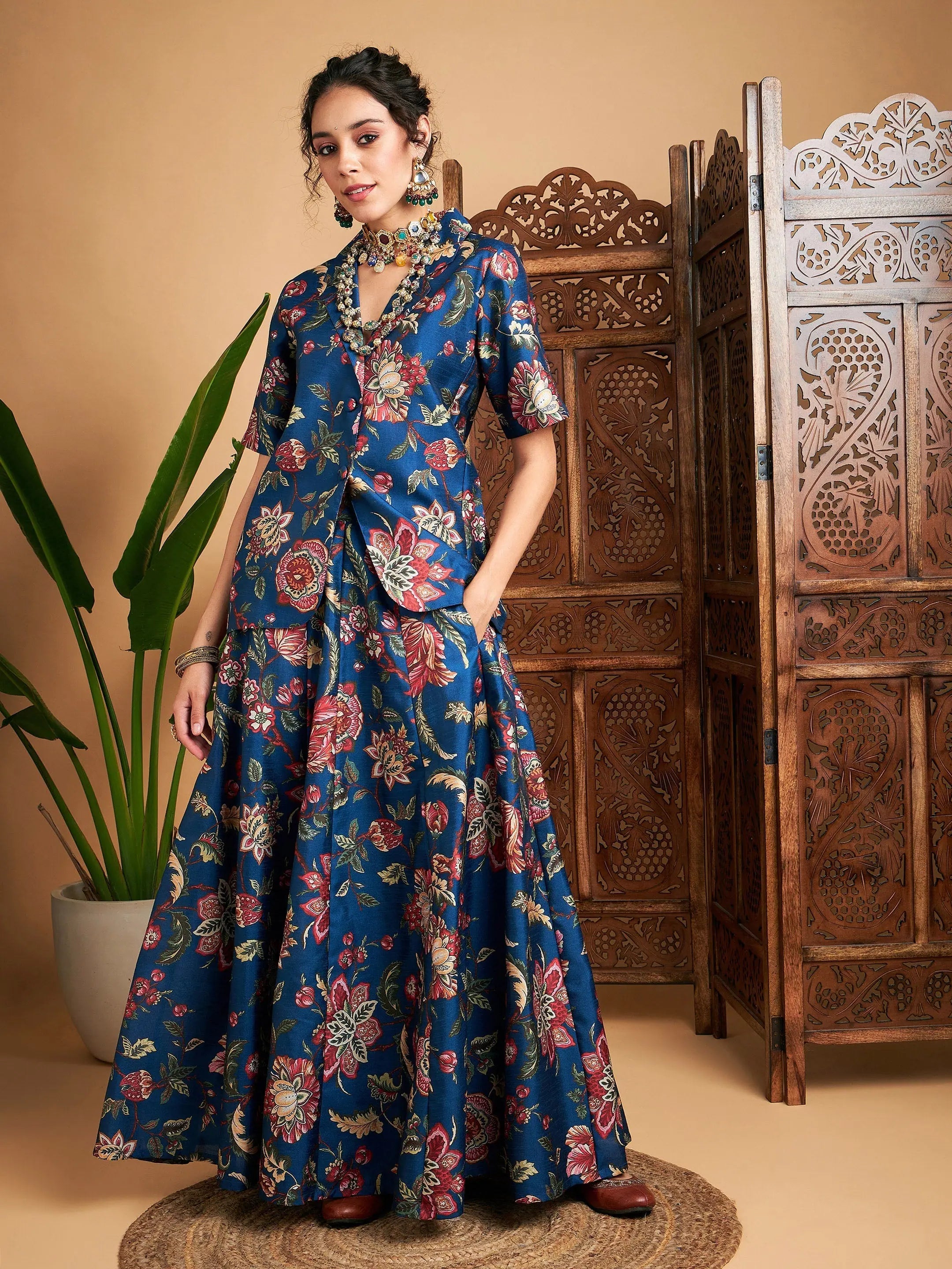 Women Blue Floral Anarkali Skirt With Blazer Women's Handmade Blazer