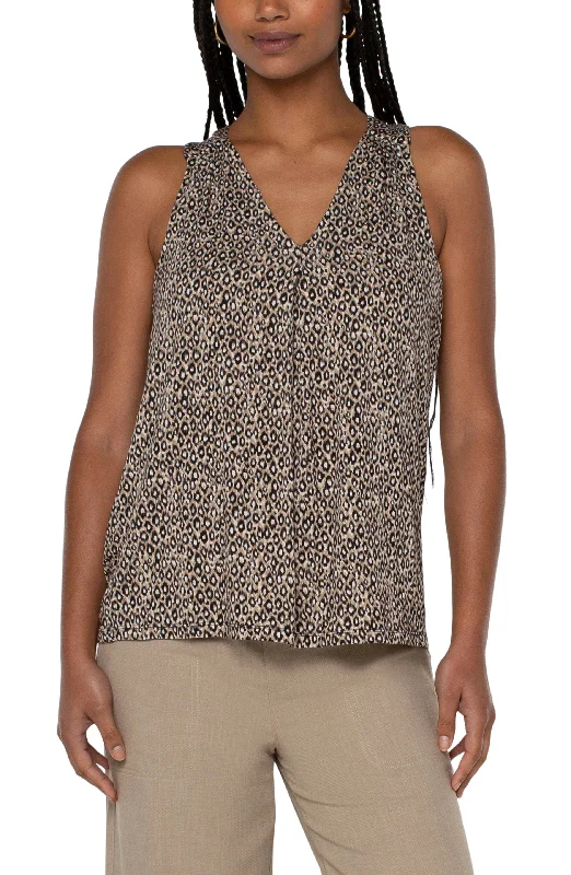 Liverpool Pleated Front Sleeveless Modal Knit Top (taupe mini painted cheetah) Turtle Neck Knit Top