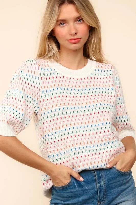 Haptics Round Neck Half Sleeve Multi Color Knit Top Turquoise Knit Top