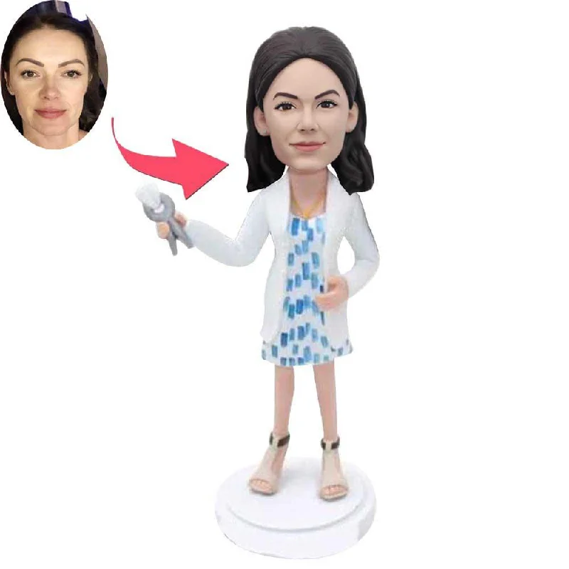 Custom Beautiful Female Dentist Bobbleheads In White Coat Hooded Caped Scarf