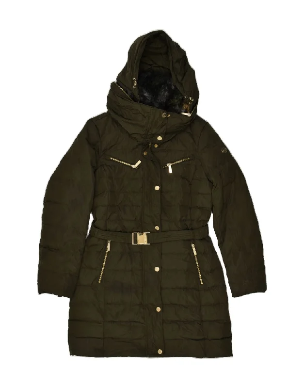 MICHAEL KORS Womens Hooded Padded Coat UK 14 Medium Khaki Polyester Three-Quarter Sleeve Elbow Sleeve Wrist Sleeve MICHAEL KORS Womens Hooded Padded Coat UK 14 Medium Khaki Polyester Three-Quarter Sleeve Elbow Sleeve Wrist Sleeve