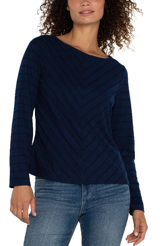 Liverpool Long Sleeve Miter Front Boat Neck Knit Top (Dark Navy Stripe) High-End Knit Shirt Liverpool Long Sleeve Miter Front Boat Neck Knit Top (Dark Navy Stripe) High-End Knit Shirt