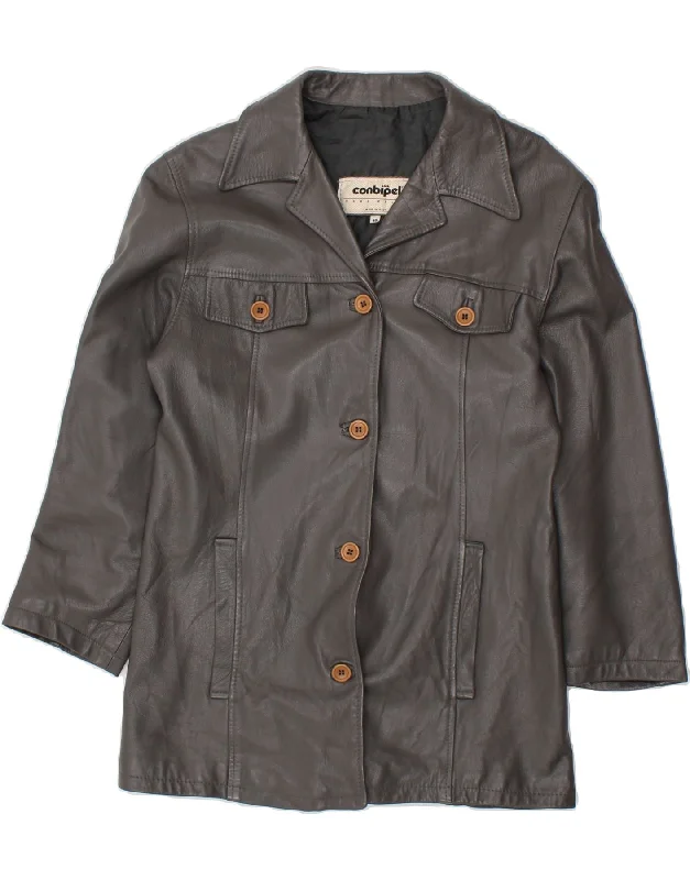 CONBIPEL Womens Leather Coat IT 46 Large Grey Leather Asymmetrical Collar Hooded Zippered CONBIPEL Womens Leather Coat IT 46 Large Grey Leather Asymmetrical Collar Hooded Zippered