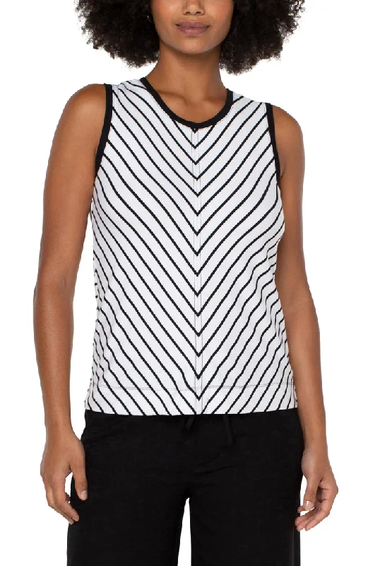 Liverpool Miter Front Sleeveless Scoop Neck Knit Top (white w black stripe) Striped Knit Top