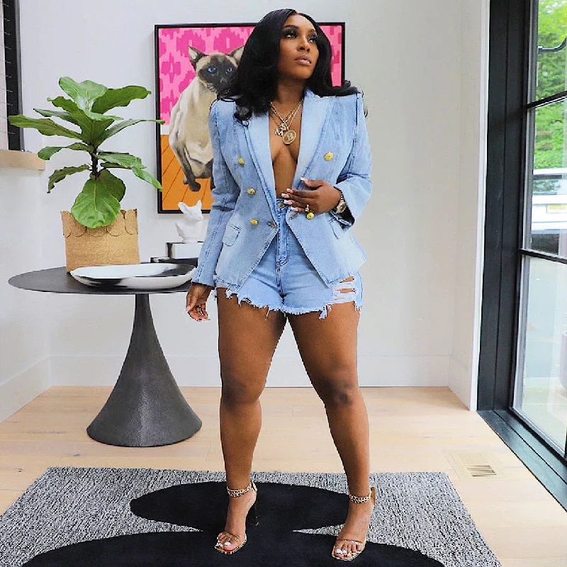 Slim Double-Breasted Denim Suit Jacket (Cl11824) Jacket Blazer Coat Jacket Blazer Coat Slim Double-Breasted Denim Suit Jacket (Cl11824) Jacket Blazer Coat Jacket Blazer Coat