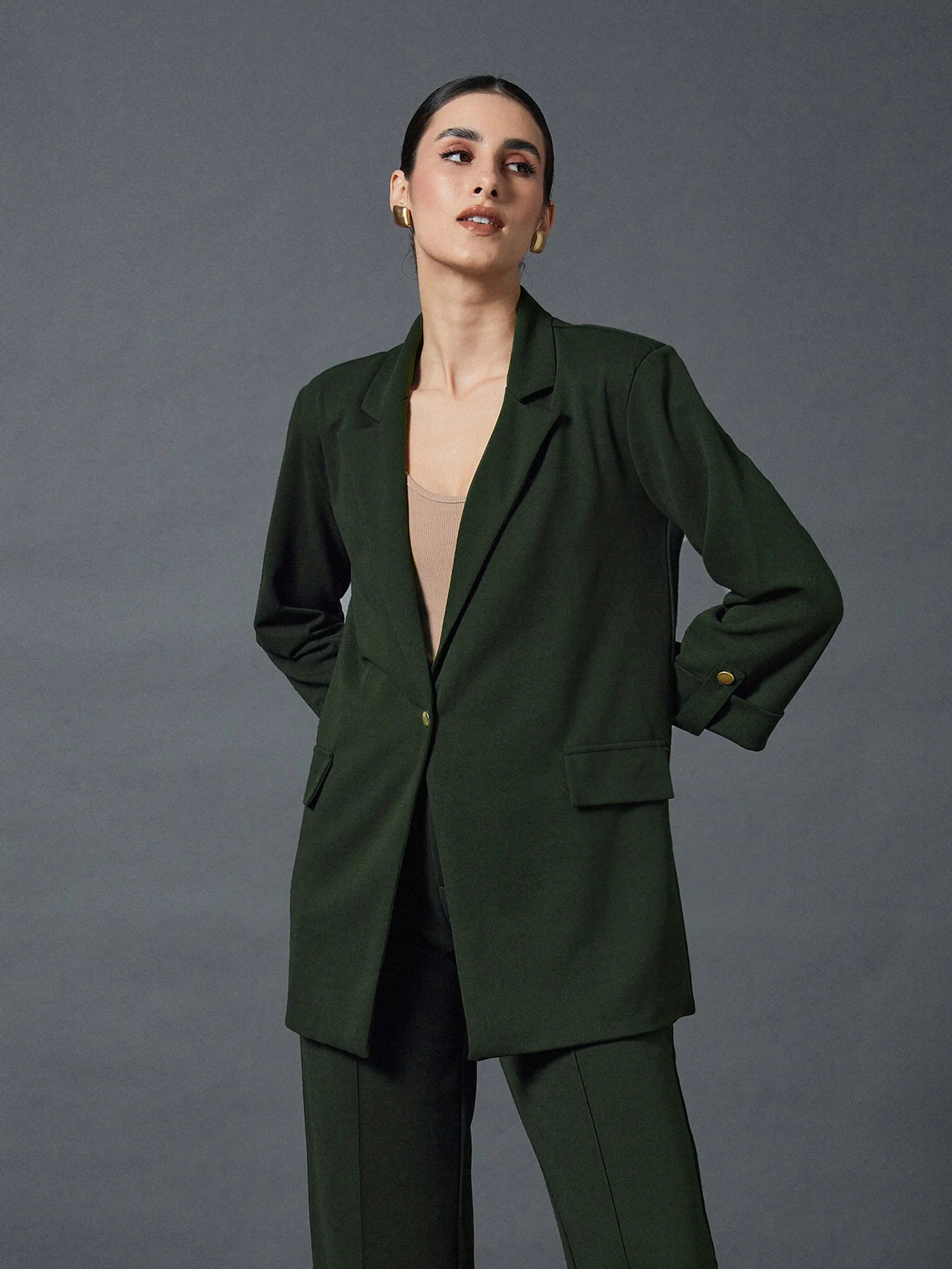 Women Olive Longline Front Open Blazer Women's Premium Blazer