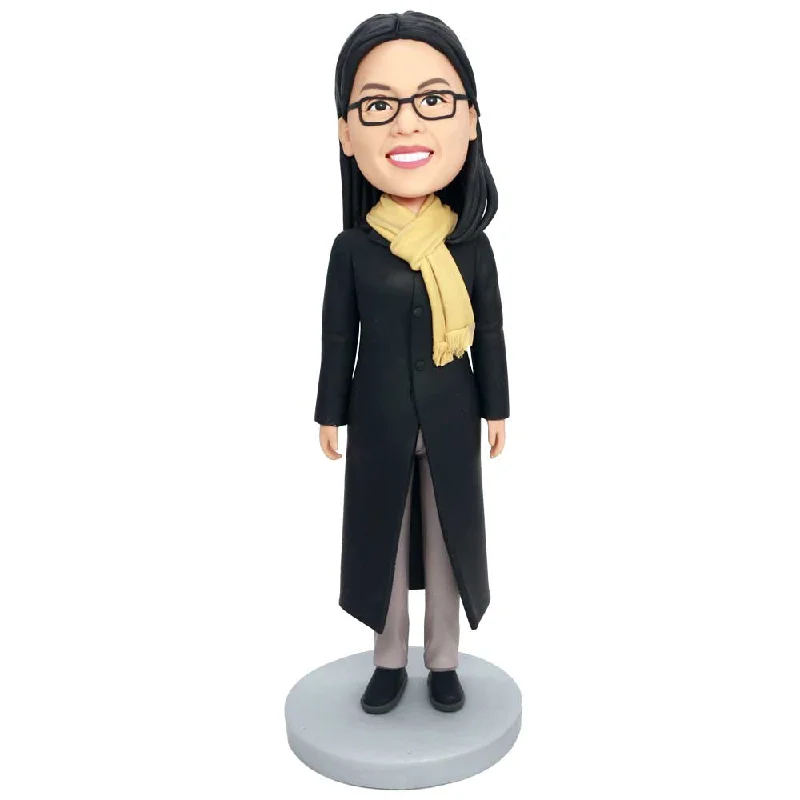 Custom Female Bobbleheads In Black Coat With A Scarf empire Basque Peplum