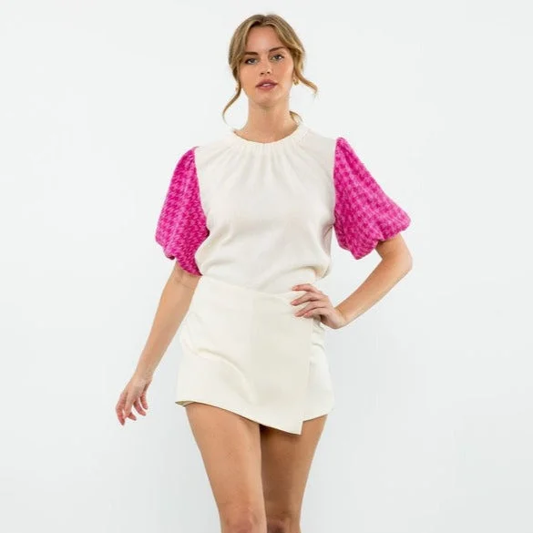 Tweed Puff Sleeve Knit Top- Women's High Neck Knit Top