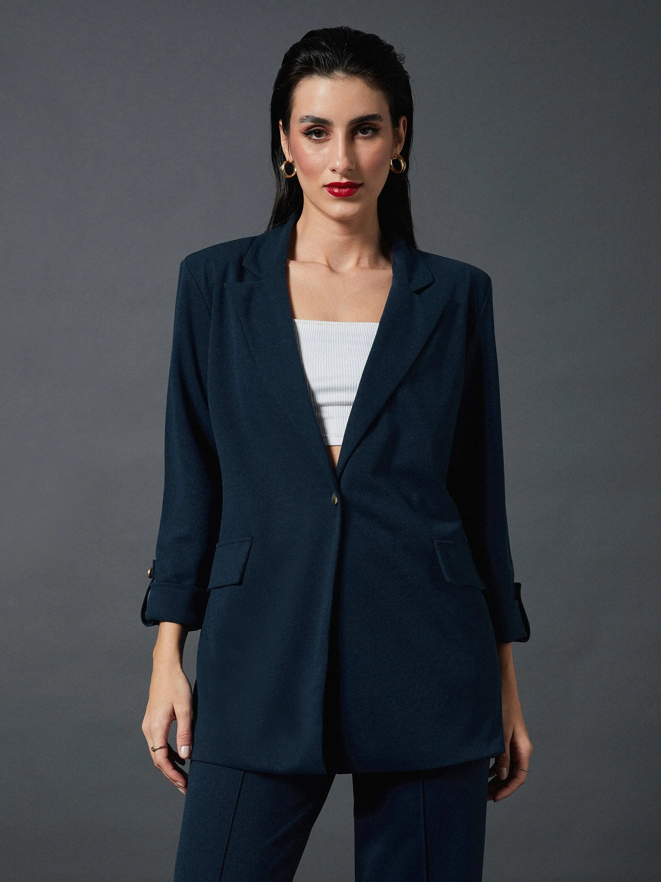 Women Airforce Blue Longline Front Open Blazer Women's Elegant Suit