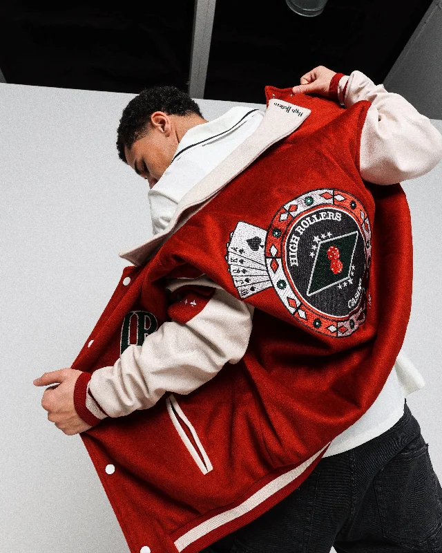 International Collective All In Varsity Jacket Red Tiered Jacket Buttoned Jacket Zippered Jacket Tiered Jacket Buttoned Jacket Zippered Jacket